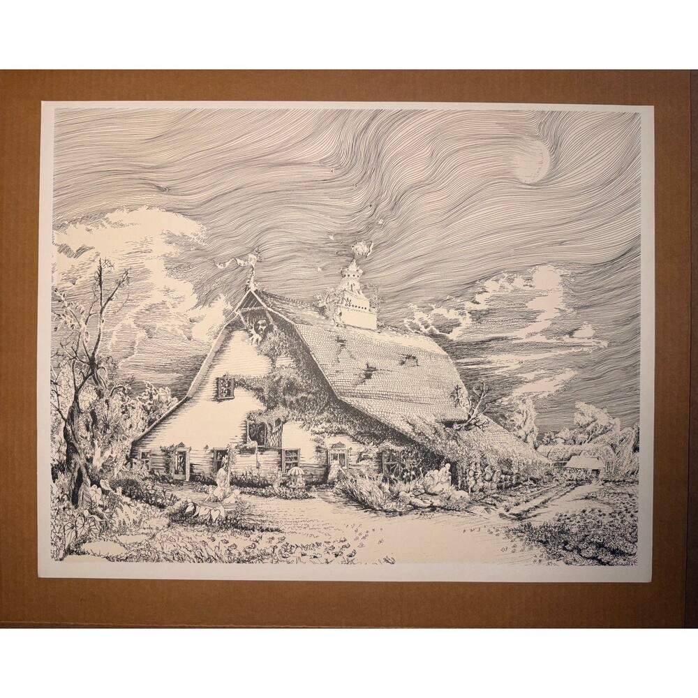 Rare Van Gough Inspired Whimsical Barn Print
